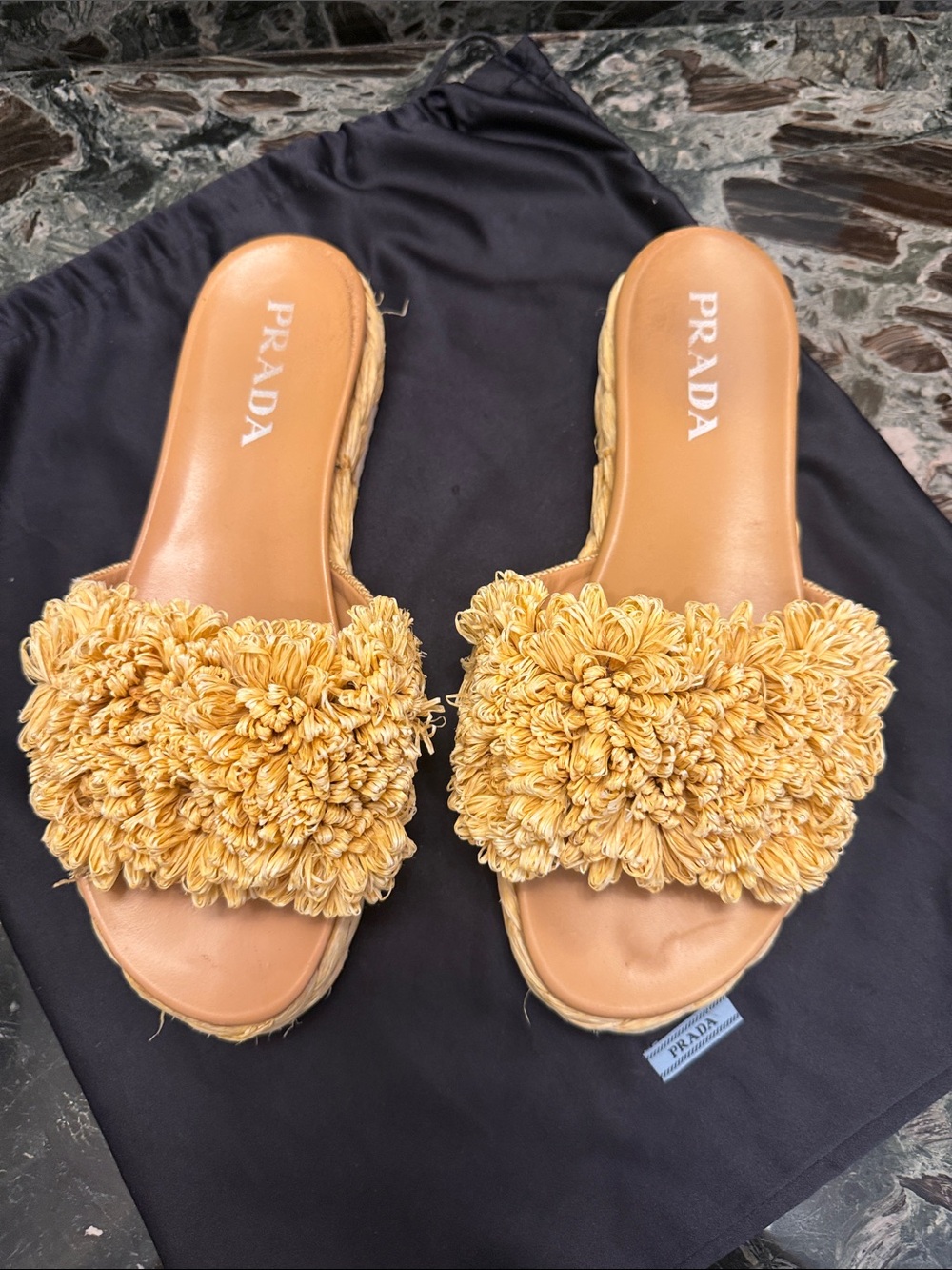 Prada Tan/ Beige Raffia Floral Slide Mules